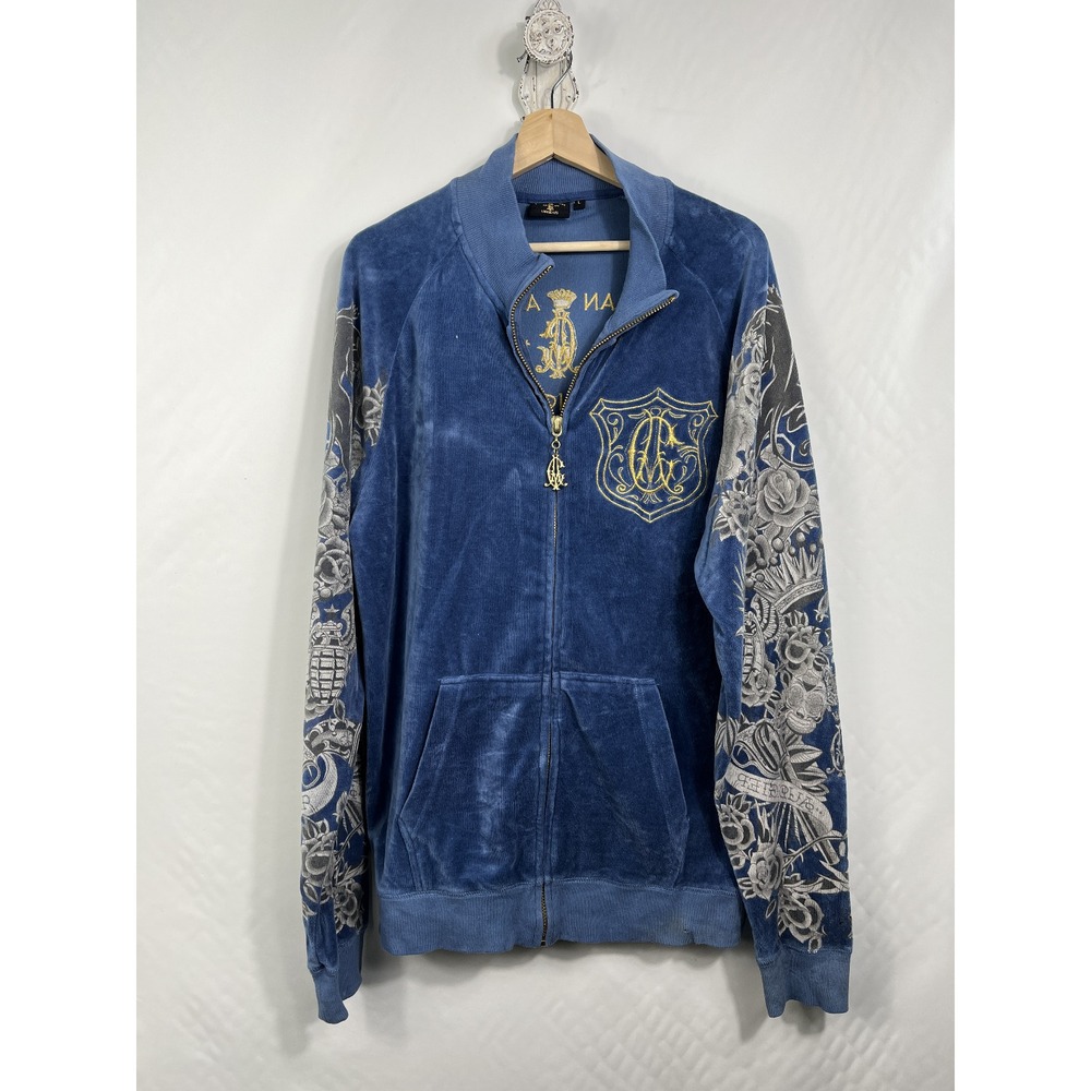 VTG Christian Audiger Velour‎ Zip Up Sweater Size L Streetwear Maximalism Tattoo